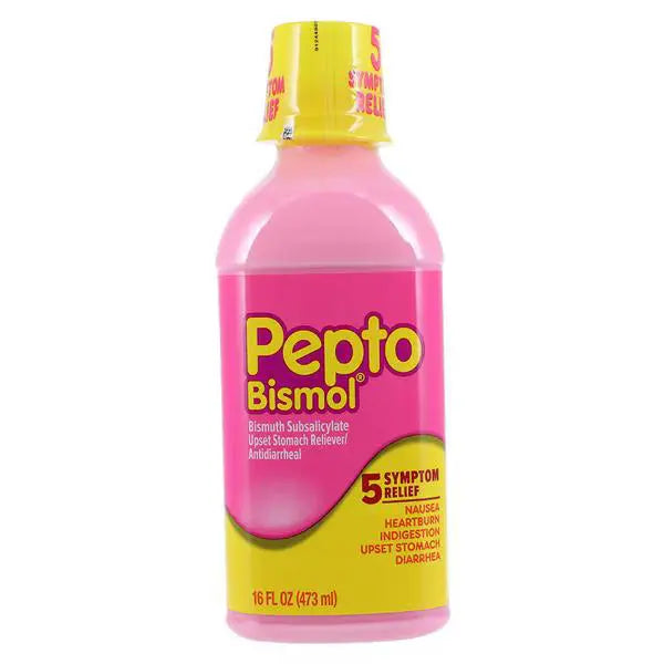 Pepto Bismol Original liquid bottle showing 5-symptom relief for nausea, heartburn, indigestion, upset stomach, and diarrhea.