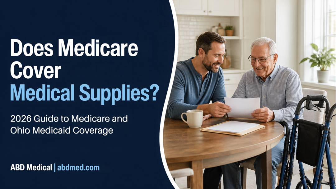 Older adult reviewing Medicare durable medical equipment coverage and medical supplies guide from ABD Medical