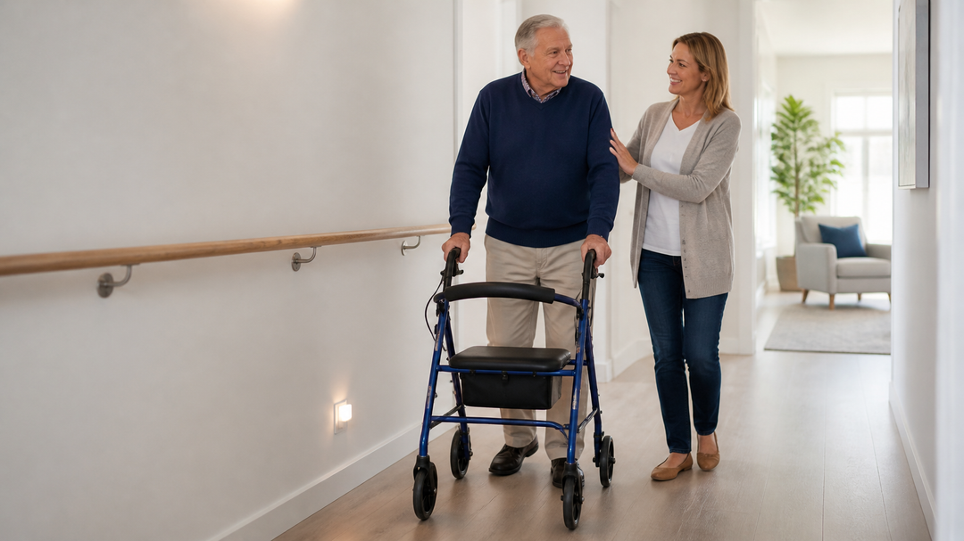 Older adult using a rollator walker with a seat in a safe, barrier-free home hallway with a wall-mounted handrail for senior fall prevention