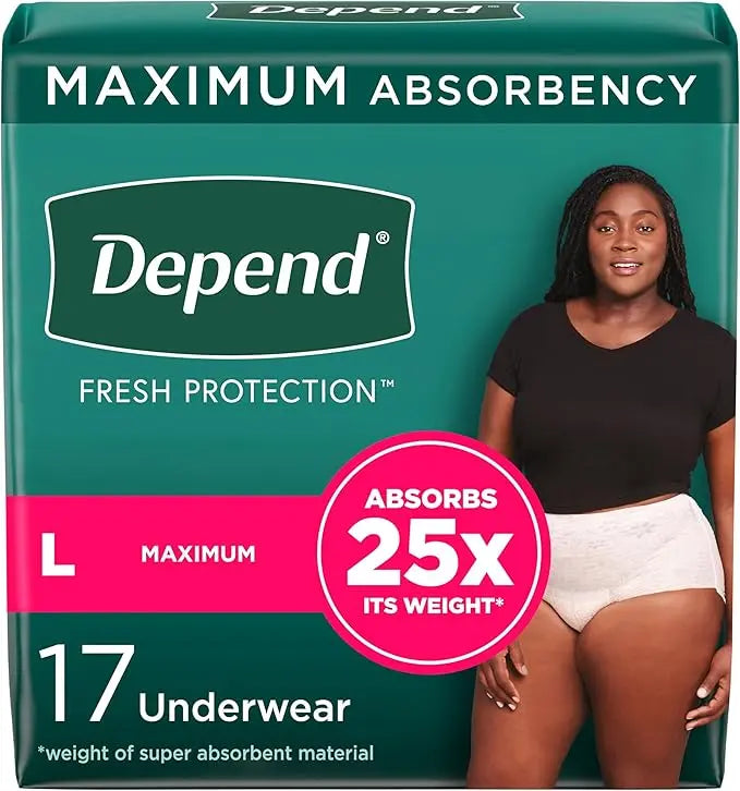 Depend incontinence underwear for women in a blush colored package on a white background