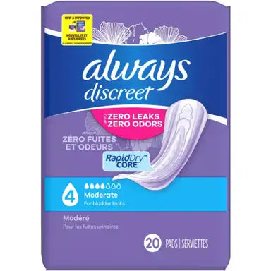 Always Discreet RapidDry Incontinence Pads, Moderate Absorbency, 12-1/2 Inch Length, #00037000904335 ABD Medical