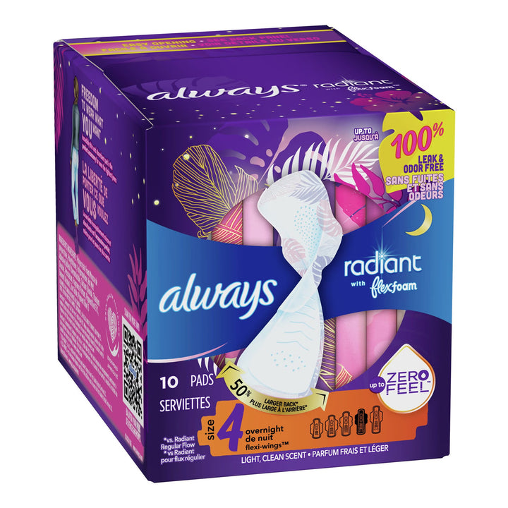 Always Radiant with FlexFoam Wings Pads, Overnight Absorbency, Size 4, Light Clean Scent, #03700081811 ABD Medical