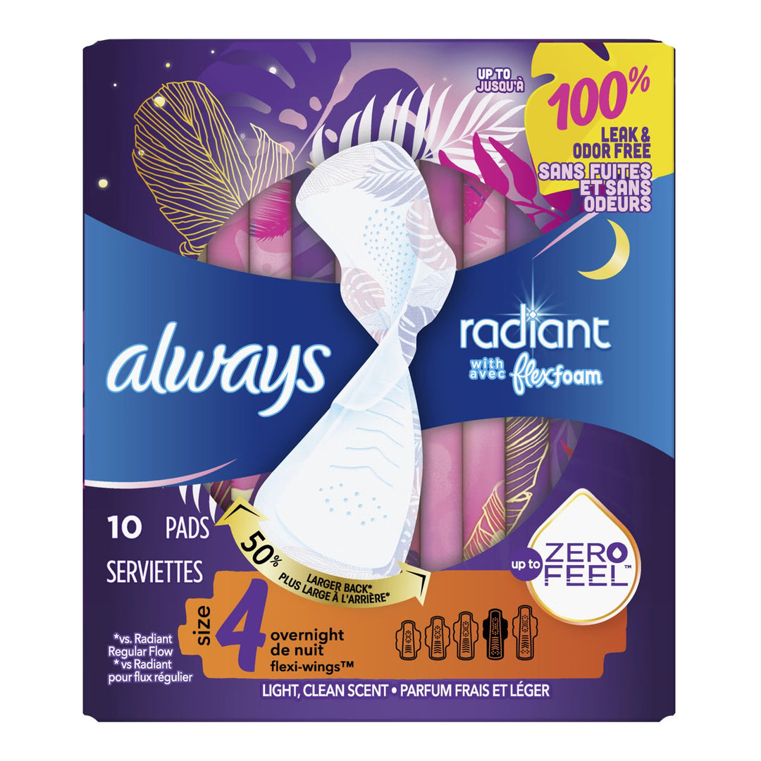 Always Radiant with FlexFoam Wings Pads, Overnight Absorbency, Size 4, Light Clean Scent, #03700081811 ABD Medical