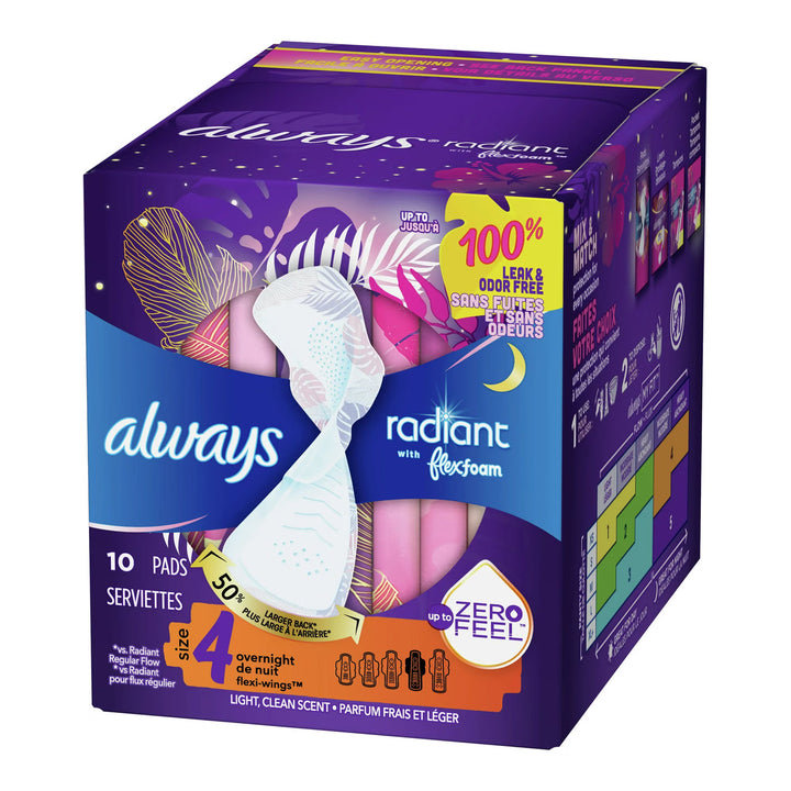 Always Radiant with FlexFoam Wings Pads, Overnight Absorbency, Size 4, Light Clean Scent, #03700081811 ABD Medical