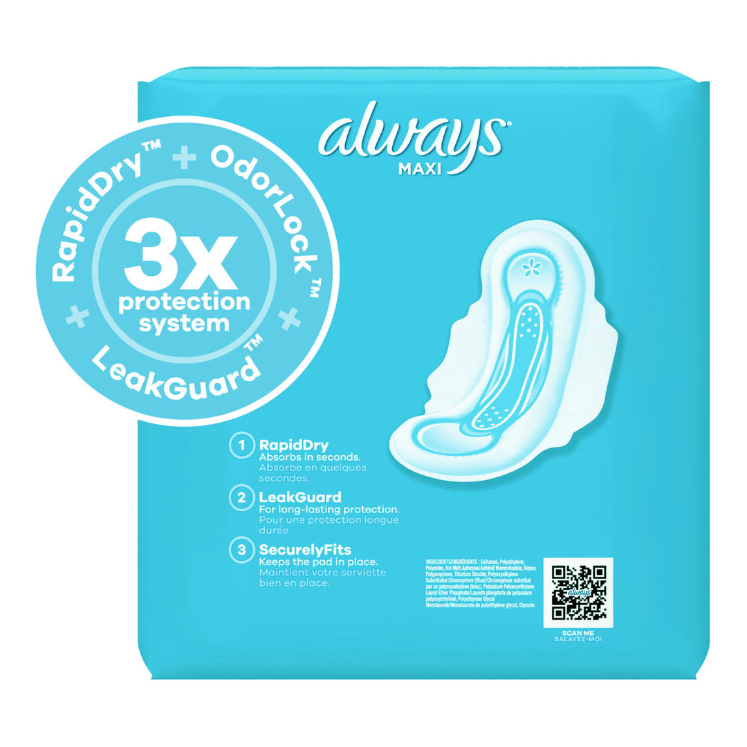 Always Maxi Pads with Wings, Extra Long, Super Absorbency, Size 3, #03700098727 ABD Medical