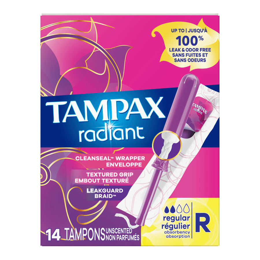 Tampax Radiant Regular Absorbency Tampons, Individually Wrapped, Box of 14, #07301071306 ABD Medical