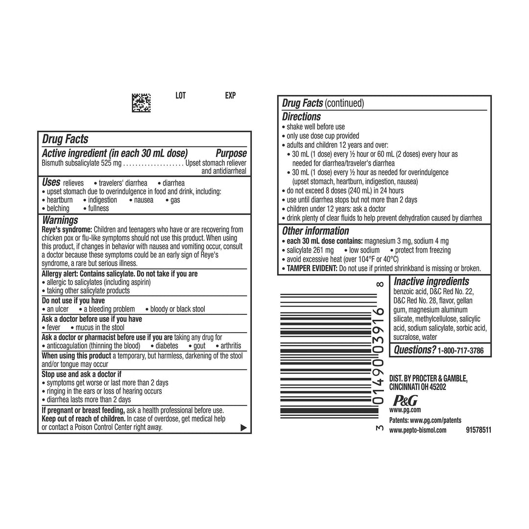 Pepto Bismol Anti-Diarrheal Liquid, 262 mg, 16 oz, #37000003204 ABD Medical