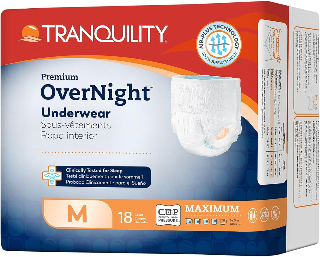 Tranquility Premium OverNight Disposable Absorbent Underwear, 34 oz Fluid Capacity, Medium (34" to 48",120 to 175 lb)