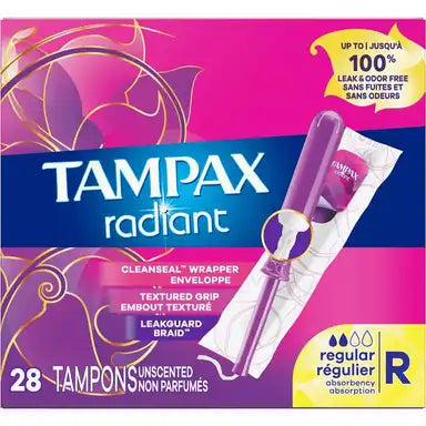 Tampax Radiant Tampons, Regular Absorbency, Box of 28, Unscented, #80334864 ABD Medical