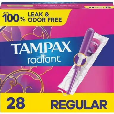 Tampax Radiant Tampons, Regular Absorbency, Box of 28, Unscented, #80334864 ABD Medical
