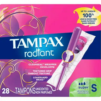 Tampax Radiant Tampons, Super Absorbency, Unscented, Box of 28, #80334958 ABD Medical