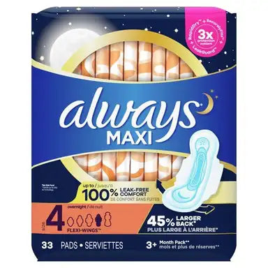 Always Maxi Pads with Wings,Overnight Absorbency, Size 4, #80352307 ABD Medical