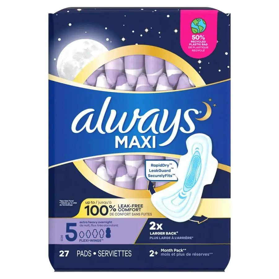 Always Maxi Overnight Pads with Wings for Women, Heavy Overnight Absorbency, 27 Count,Size 5, #80352317, ABD Medical