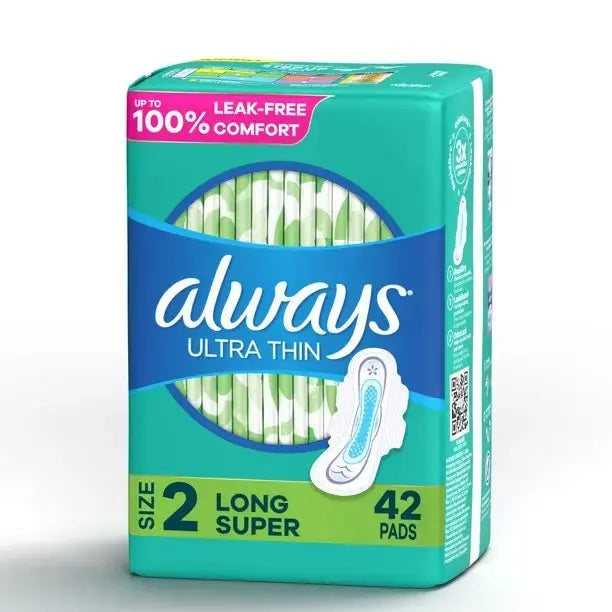 Always Ultra Thin Pads with Wings, Long, Super Absorbency, Size 2, #80353154 ABD Medical