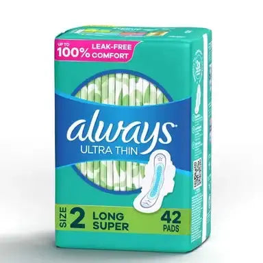 Always Ultra Thin Pads with Wings, Long, Super Absorbency, Size 2, #80353154 ABD Medical
