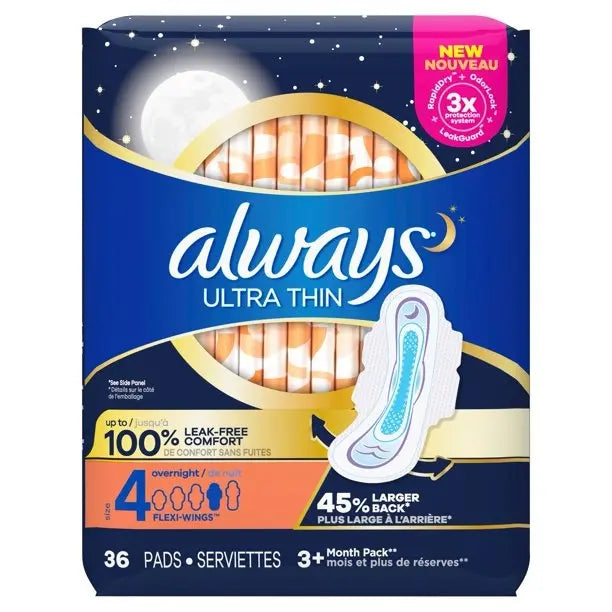 Always Ultra Thin Pads with Wings,Overnight Absorbency, Size 4, Unscented, #80361807 ABD Medical