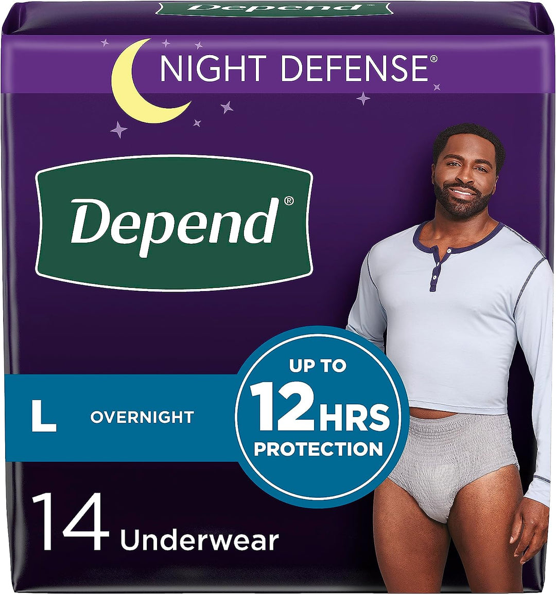 Depend Night Defense Adult Incontinence Underwear for Men, Disposable, Overnight, Large, Grey, 14 Count