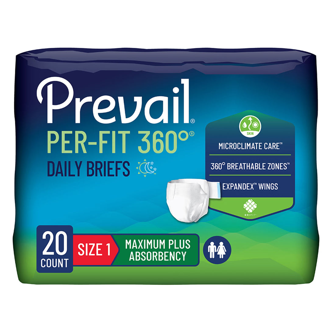 Prevail Per Fit 360 Incontinence Briefs with Tabs, Maximum Plus Absorbency, Size 1, #PFNG012/2
