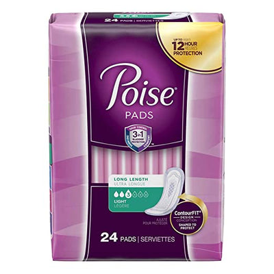 Poise Incontinence Pads for Women, Light Absorbency, Long Length, 24 Count per pack and (Pack of 4) Total 96 Count for Case
