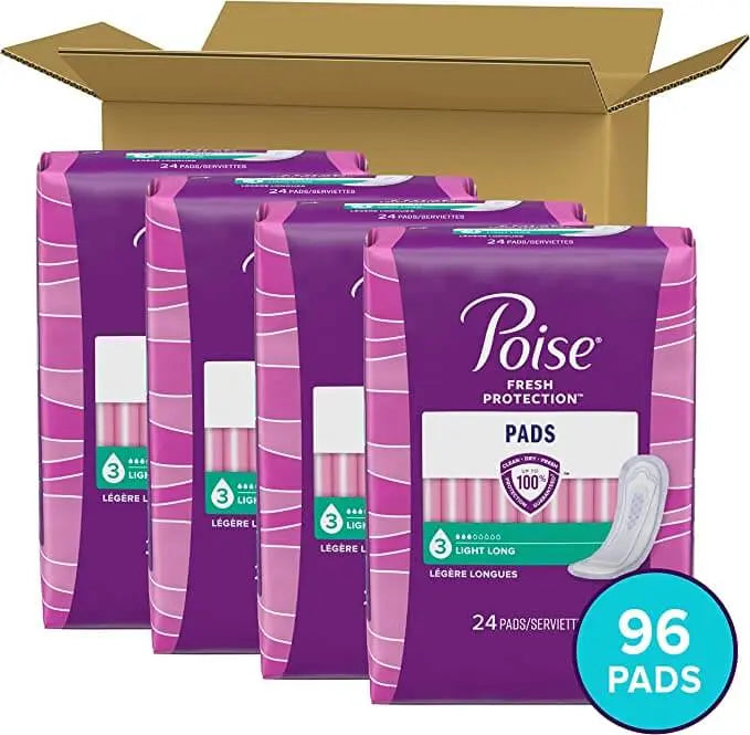Poise Incontinence Pads for Women, Light Absorbency, Long Length, 24 Count per pack and (Pack of 4) Total 96 Count for Case ABD Medical