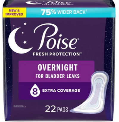 Poise Incontinence Pads - 8 Drop Overnight Absorbency, Extra-Coverage Length, 44 Count per Case