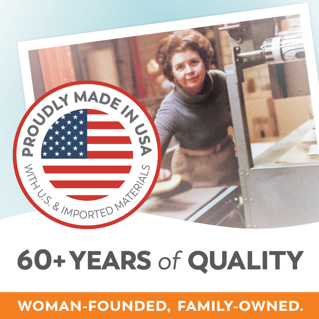 Tranquility incontinence products Proudly Made in USA logo with 60+ years of quality and woman-founded family-owned message