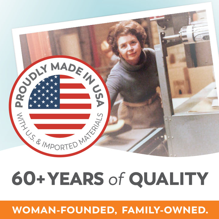 Tranquility incontinence products Proudly Made in USA logo with 60+ years of quality and woman-founded family-owned message