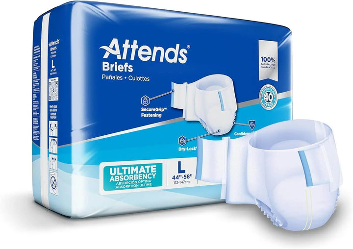 Attends Briefs Large package with unfolded adult brief featuring SecureGrip fastening