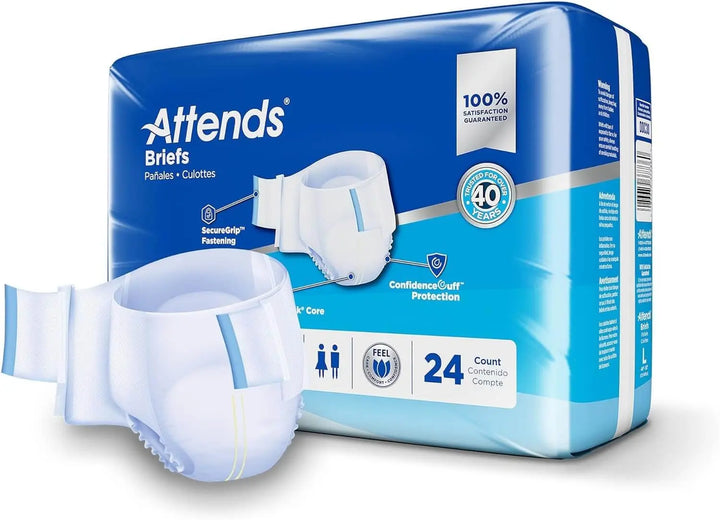 Attends Briefs Large Ultimate Absorbency package displayed alongside an unfolded adult brief featuring SecureGrip fastening and Dry-Lock core