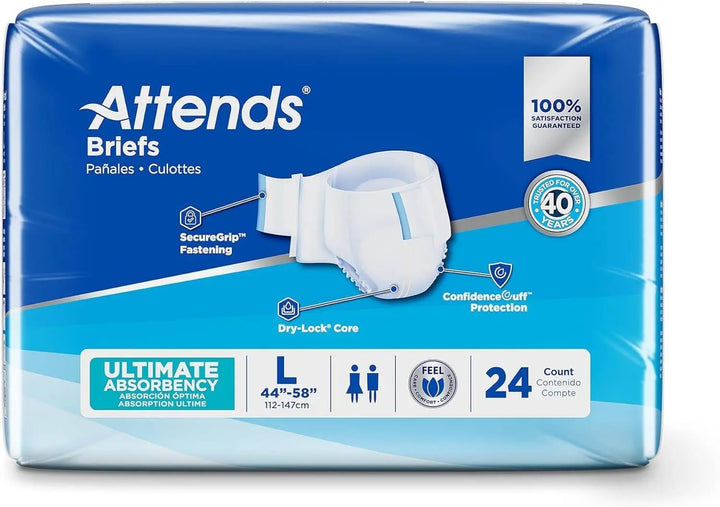 Front packaging of Attends Briefs Large with Ultimate Absorbency 24-count pack for 44-58 inch waist