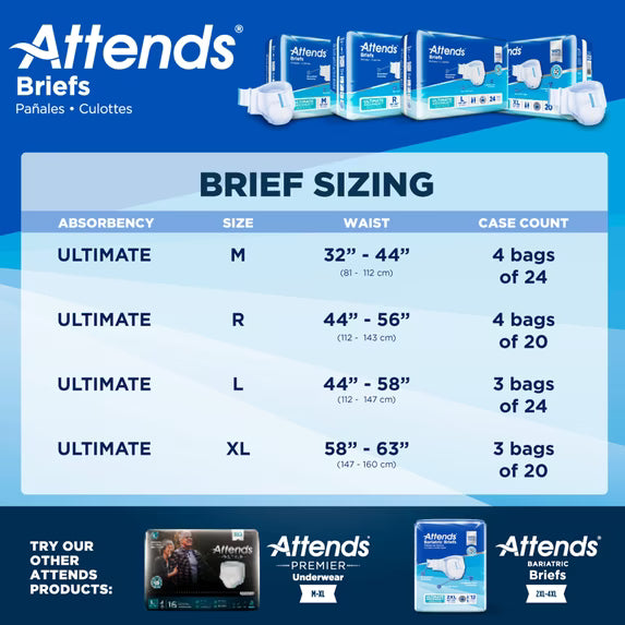 Attends briefs sizing chart showing waist measurements and case counts for ultimate absorbency