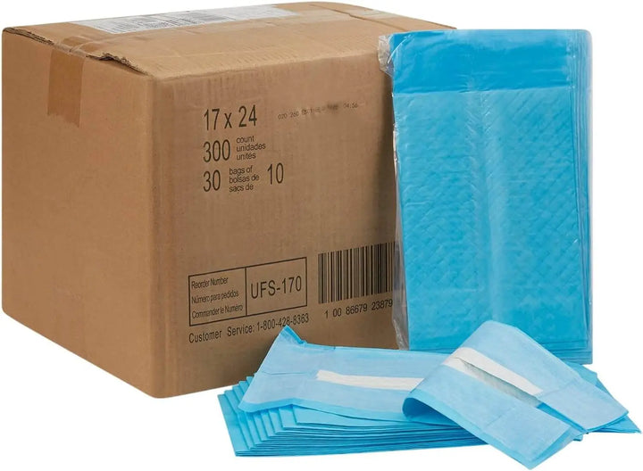 Attends Dri-Sorb light absorbency 17 x 24 inch disposable underpads 300 count case and pack #UFS-170