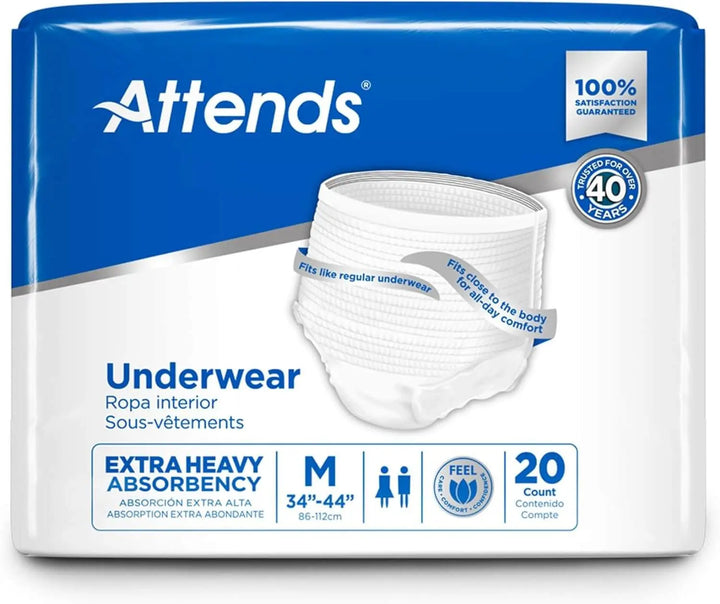 Front view of Attends Extra Heavy Absorbency Protective Underwear 20-count package in Medium size fitting 34 to 44 inch waist