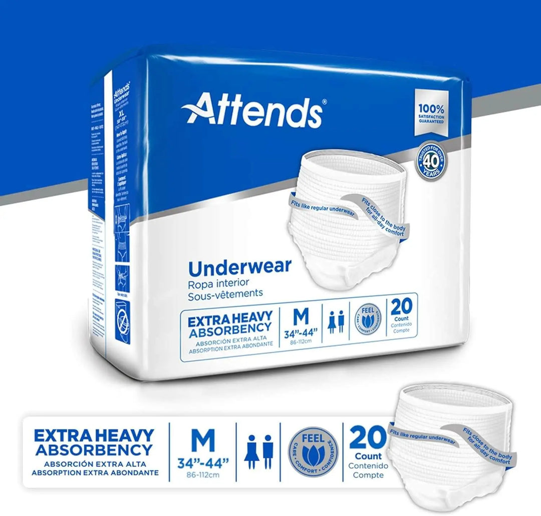 Attends Extra Heavy Absorbency Protective Underwear 20-count package in Medium size fitting 34 to 44 inch waist