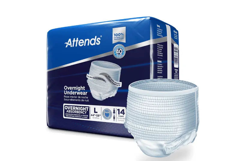 Attends Overnight Underwear Large 14-count package displayed next to an unfolded pull-on brief