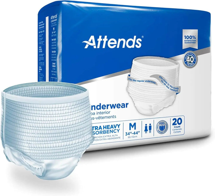 Attends Extra Heavy Absorbency Protective Underwear package in Medium size 34-44 inch waist with an unfolded pull-on product view