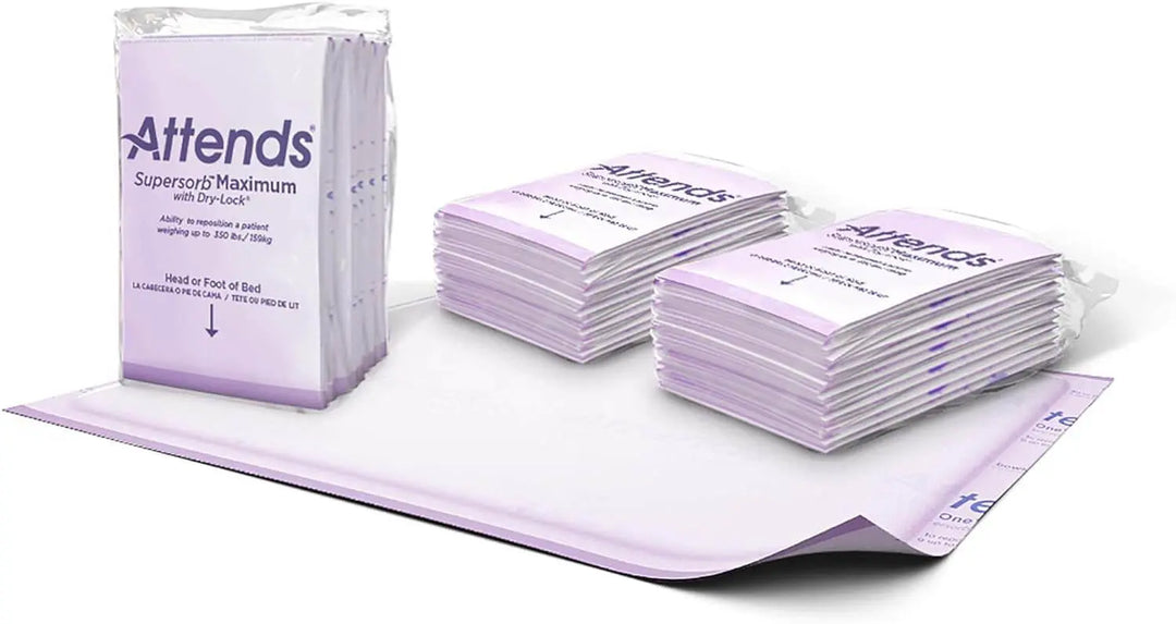 Attends SuperSorb Maximum Underpads Case, 30 x 36 Inch Repositioning Bed Pads with Dry-Lock Core, #ASBM3036