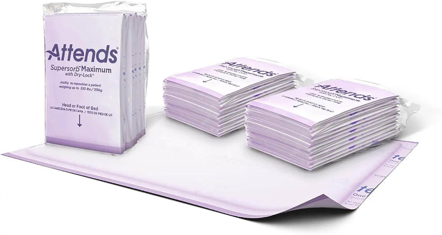 Attends SuperSorb Maximum Underpads Case, 30 x 36 Inch Repositioning Bed Pads with Dry-Lock Core, #ASBM3036