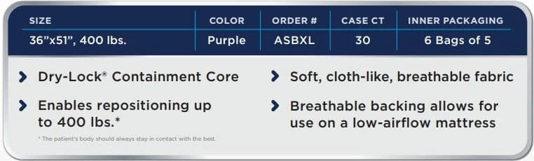 Attends Supersorb XL Bariatric Underpad specification sheet and key features table ASBXL