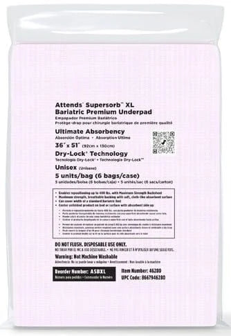 Pack of Attends Supersorb XL Bariatric Underpads 36 x 51 Inch ASBXL