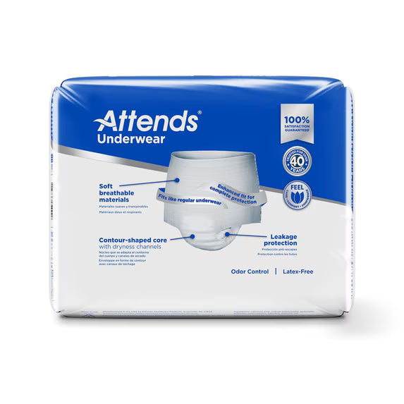 Attends Extra Heavy Absorbency Underwear product package with feature highlights