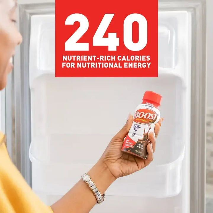 Boost Original Rich Chocolate nutritional drink bottle showing 240 nutrient rich calories for nutritional energy