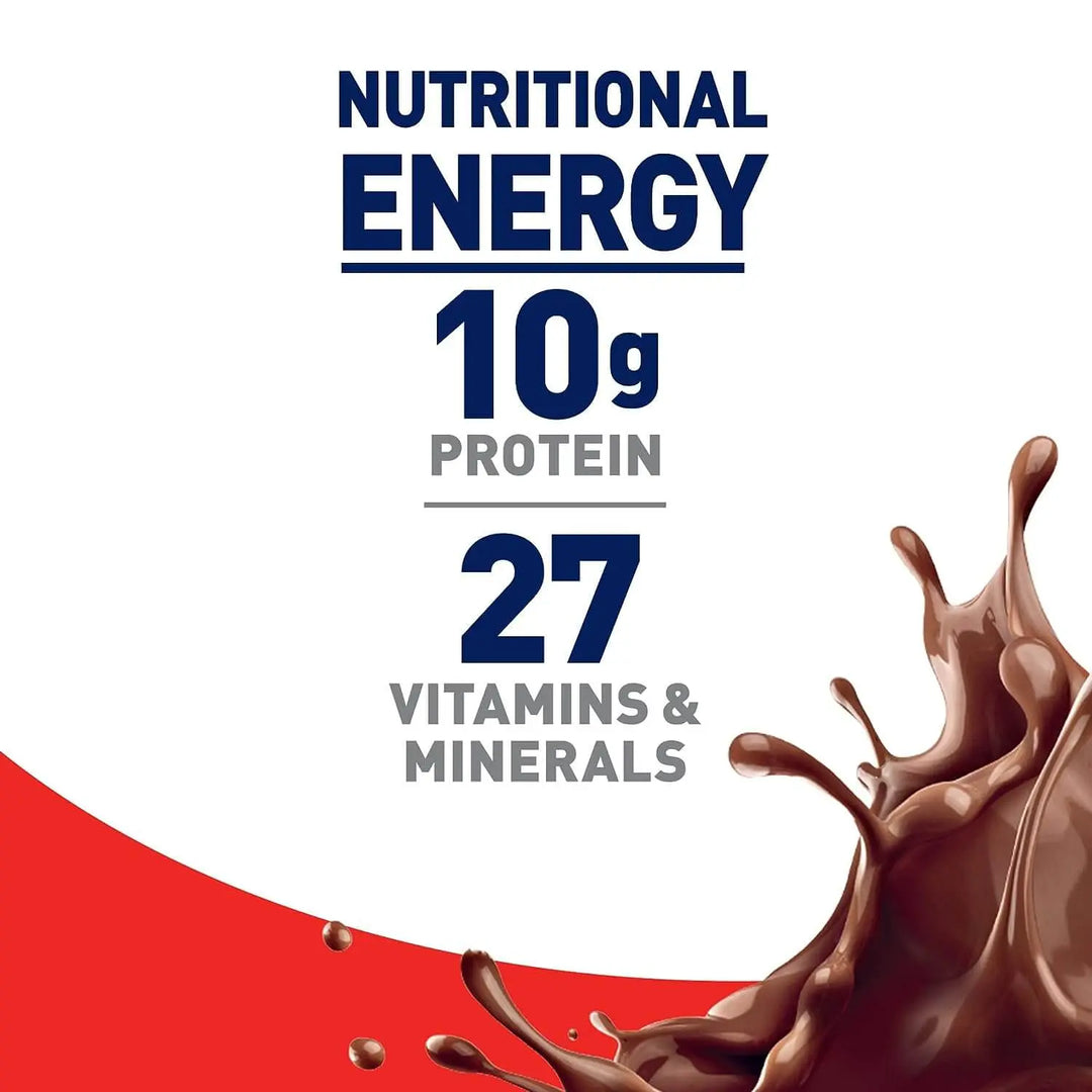 Boost Original Rich Chocolate nutritional energy benefits showing 10g protein and 27 vitamins and minerals