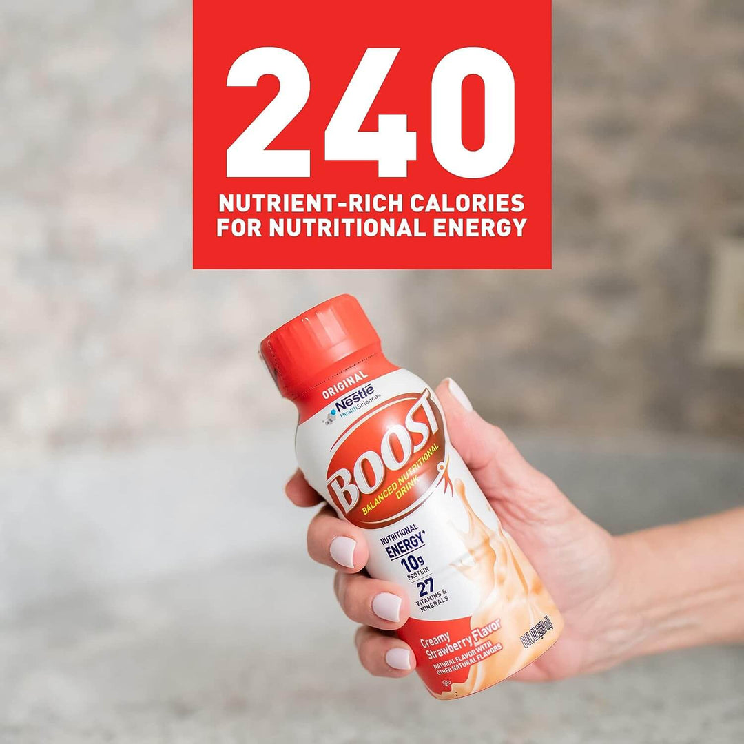 Boost Original Creamy Strawberry nutritional drink bottle showing 240 nutrient rich calories for nutritional energy
