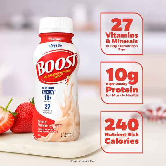 Boost Original Creamy Strawberry nutrition facts showing 27 vitamins and minerals 10g protein and 240 nutrient rich calories