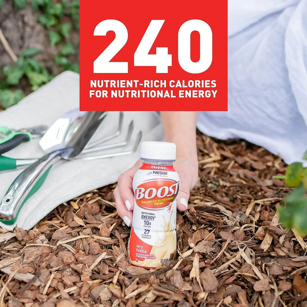 Boost Original Very Vanilla nutritional drink bottle showing 240 nutrient rich calories for nutritional energy