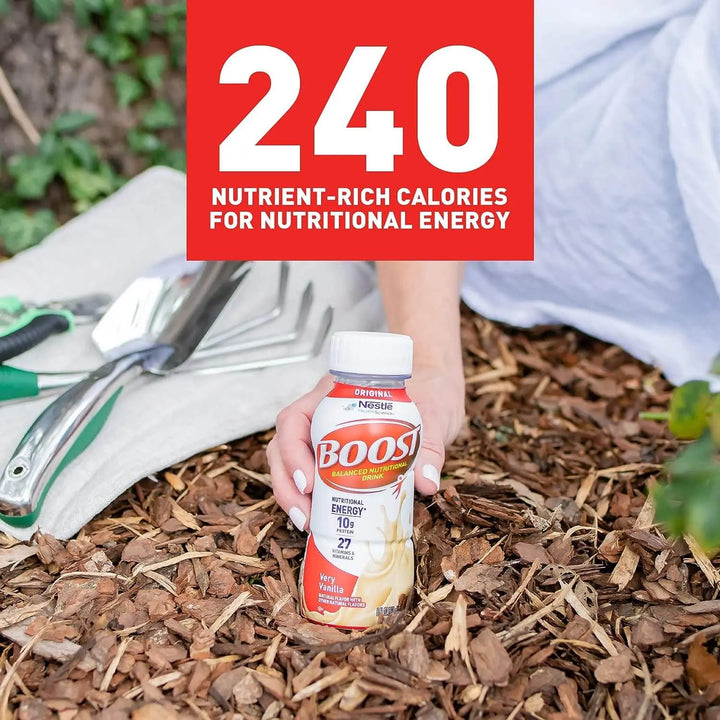 Boost Original Very Vanilla nutritional drink bottle showing 240 nutrient rich calories for nutritional energy