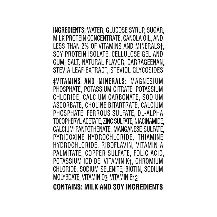 Boost Original Very Vanilla nutritional drink ingredients list and vitamins and minerals panel