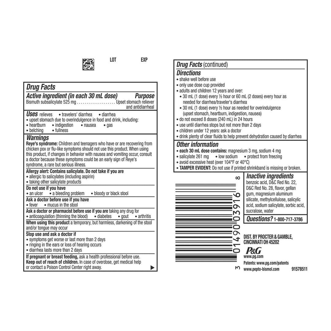 Pepto Bismol 16 oz liquid back label showing Drug Facts, active ingredients, and dosage directions
