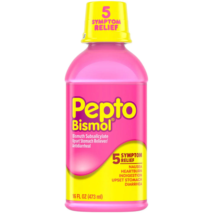 Pepto Bismol Liquid Diarrhea Relief 16 oz bottle showing 5-symptom relief and active ingredients